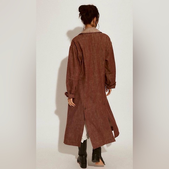 Free People Micah Wash Duster Maxi Flap Pockets Button Lapels Brown Combo - Picture 2 of 6